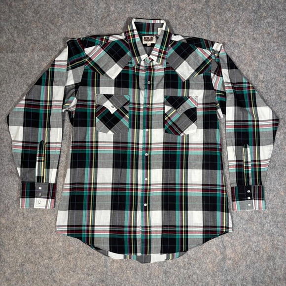 Ely Cattleman Other - VTG Ely Cattleman Western Shirt Mens L Multi Color Teal Plaid Pearl Snap‎ Cowboy